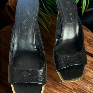 DKNY Black Open-Toe Heels with Gold Accents